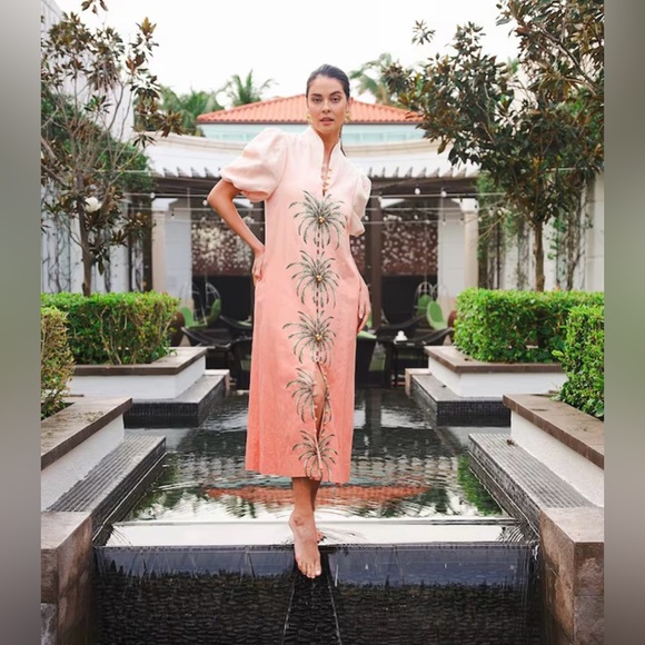 Mestiza New York Dresses & Skirts - Mestiza New York Elliana linen blend ombre embroidered palm tree midi dress